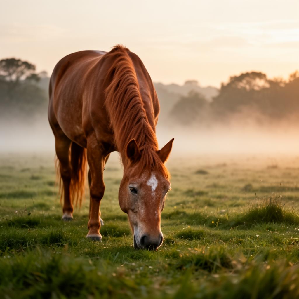 Elderly chestnut horse grazing in a misty pasture at golden hour