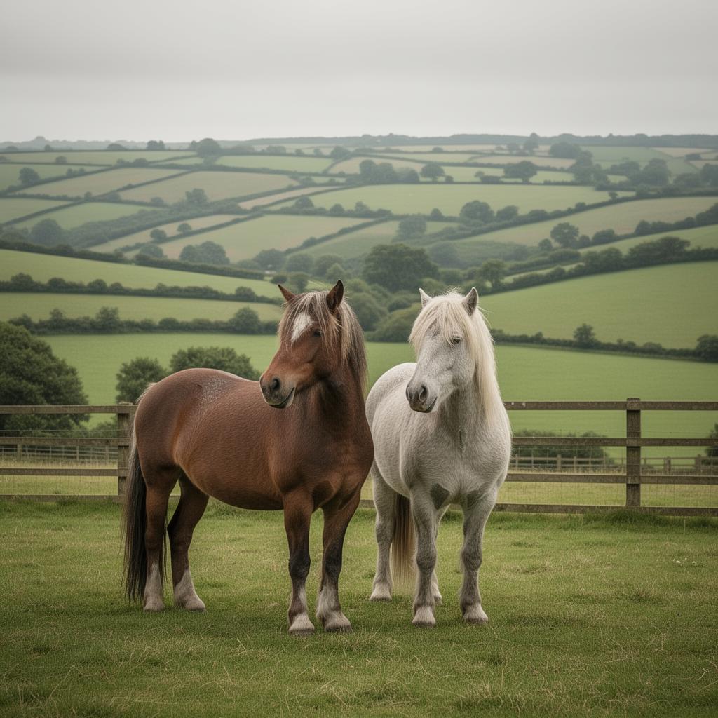 Two retired horses at peace in rolling English countryside